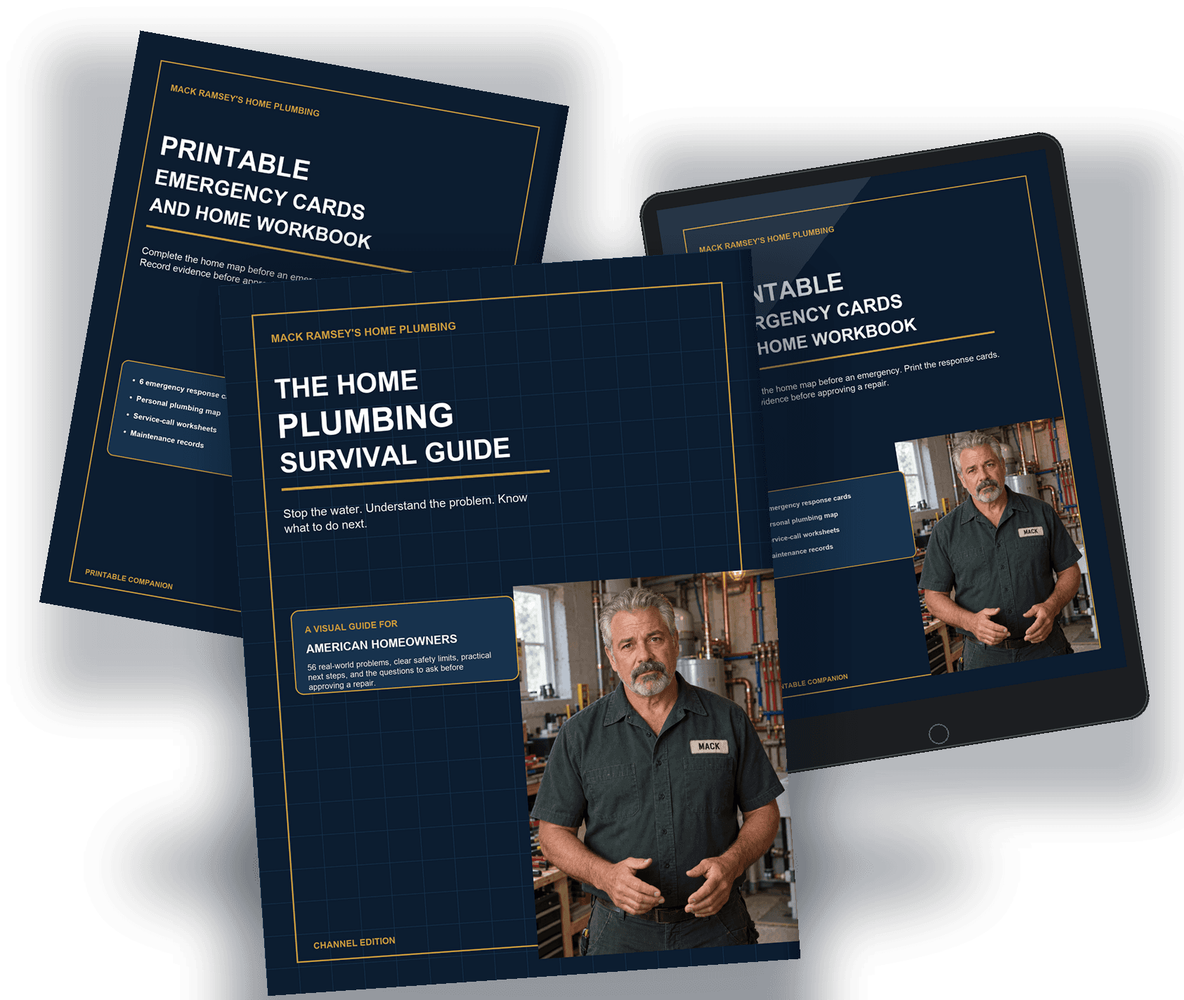 The Home Plumbing Survival Guide book, printable workbook, and tablet showing the fillable workbook